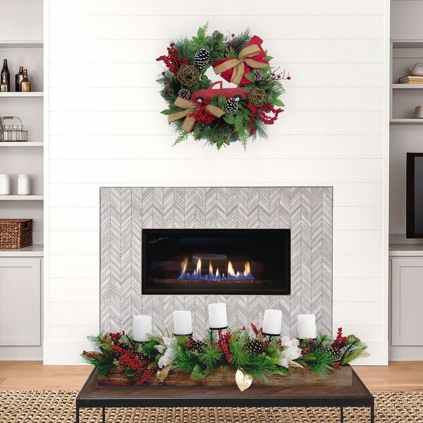 Fraser Hill Farm 42-inch 5-Candle Holder Centerpiece with Pine, Red Berries and Gold Leaf Accents in Wooden Box - Multi