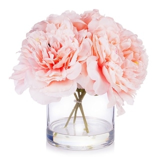 Enova Home 4 Pieces Large Artificial Silk Peony Fake Flowers Arrangement in Clear Glass Vase for Home Office Decoration