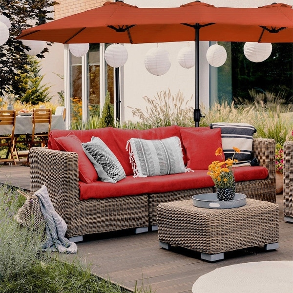 PHI VILLA Double-Sided 13-foot Twin Outdoor Market Crank Umbrella with Colored LED Lights