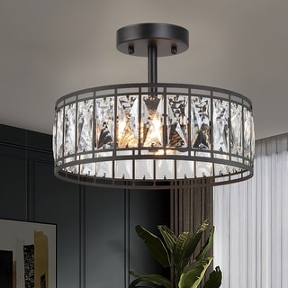 Cirstal Modern Black 2-Light Drum Chandelier Crystal Semi Flush Mount Ceiling Lights - D12.5"x H 9.5"