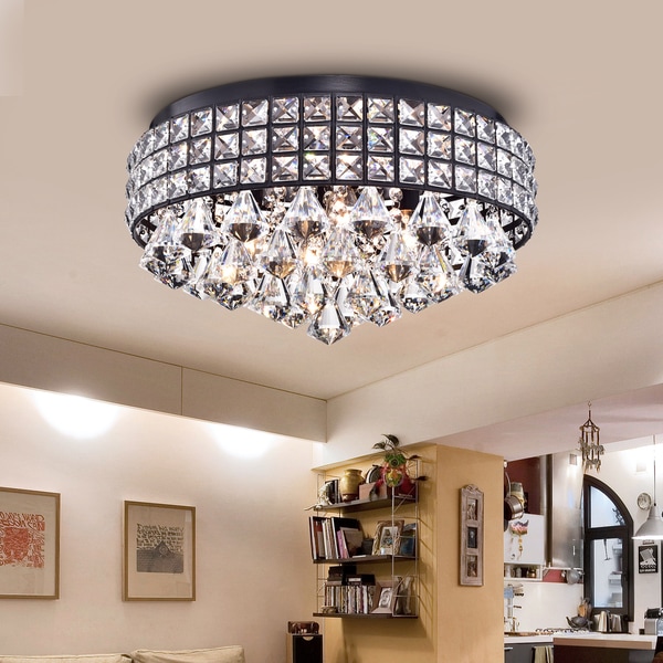 Cuddy Antique Black Metal 16-inch Crystal Flush-Mount Light