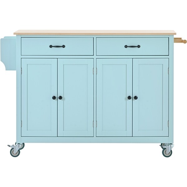 Kitchen Island Cart with 4 Door Cabinet 2 Drawers 2 Locking Wheels - Solid Wood Top, Adjustable Shelves, Spice & Towel Rack