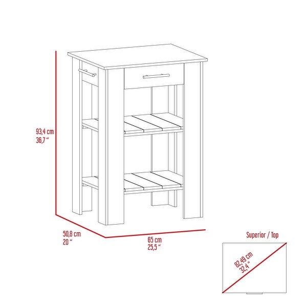 25.59" Rockaway Kitchen Island Wooden Tabletop, Rustic Modern Furniture with 1-Drawer & 2-Tier Shelf