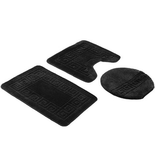 Bath Set 3 Piece Anti-Slip Black Patchwork Bathroom Mat, Large Contour Mat & Toilet Seat Lid Cover