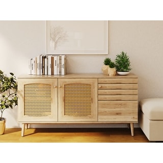Lazery Mid Century Modern Rattan and Wood Sideboard Buffet Cabinet
