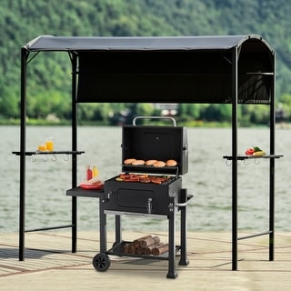 Outdoor 7Ft.Wx4.5Ft.H Steel Double Tiered Backyard Patio BBQ Grill Gazebo with Side Awning, Bar Counters and Hooks