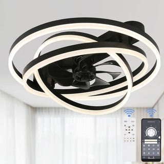 Oaks Aura 24in DIY Shade Modern Black Low Profile Ceiling Fan with Light, Smart App Control Flush Mount Ceiling Fan with Remote
