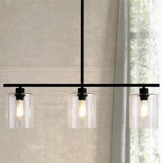 YANSUN 3-Light Matte Black Kitchen Linear Island Pendant Light Vintage Industrial Chandelier Light with Clear Glass Shade