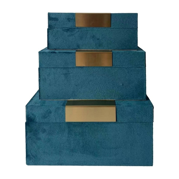 Sagebrook Home Velvet, Set Of 3 7/8/9"L, Jewelry Boxes, Teal/Gold, Rectangle, 5"H, Solid Color - 9.0" x 8.0" x 5.0"