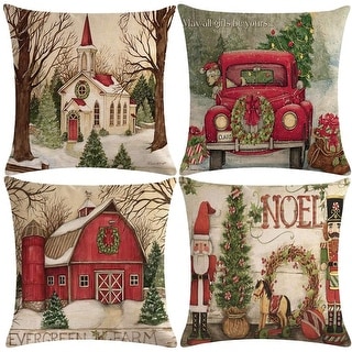 Set of 4 Merry Christmas Pillowcases Christmas Tree with Retro Red Truck Dog Cushion Cover 18"×18"(Red House)