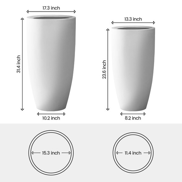 Plantara 32" & 23.6" H Concrete Tall Solid White planter, Large Outdoor Plant pot, Modern Tapered Flower pot for Garden