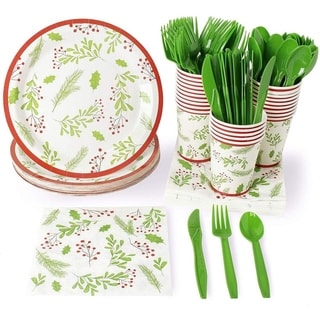 Christmas Disposable Dinnerware Set - Serves 24, Holly Berry and Leaves Design