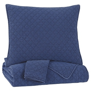 3 Piece Diamond Quilted Polyester Queen Coverlet Set, Blue