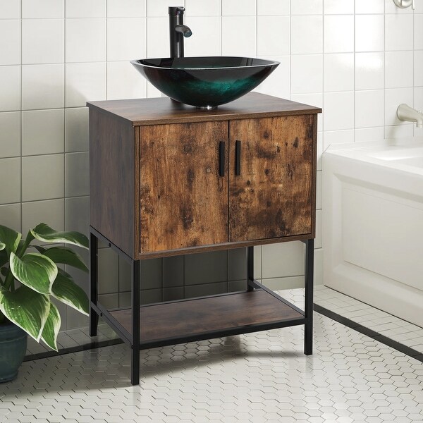24" Bathroom Vanity Sink Set Brown Free-standing Manufactured Wood with Sink Faucet Drain Combo