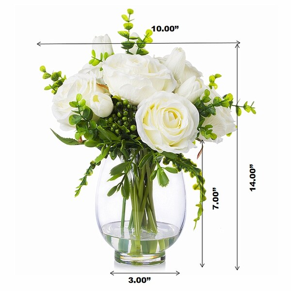 Enova Home Artificial Cream Real Touch Tulips and Roses Fake Silk Flowers Arrangement in Clear Glass Vase for Home Decoration