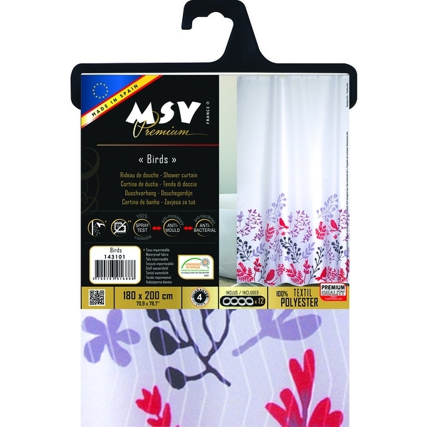 Extra Long Shower Curtain 72 x 78 Inch MSV France Polyester Fabric Birds Red