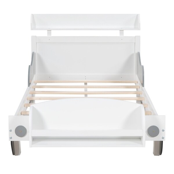 Twin Size Car-Shaped Platform Bed, Kids' Bed with Storage Shelf and Bookshelf for Bedroom