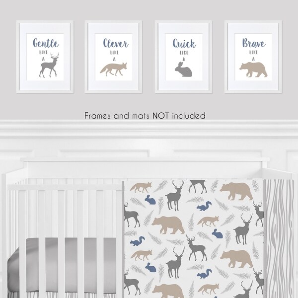 Sweet Jojo Designs Blue Grey Woodland Animals Collection Wall Decor Art Prints (Set of 4) - Gentle Clever Brave Quick