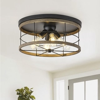 Farmhouse 4-Light Drum Metal Frame Flush Mount Ceiling Light with Wooden-Grain Cover