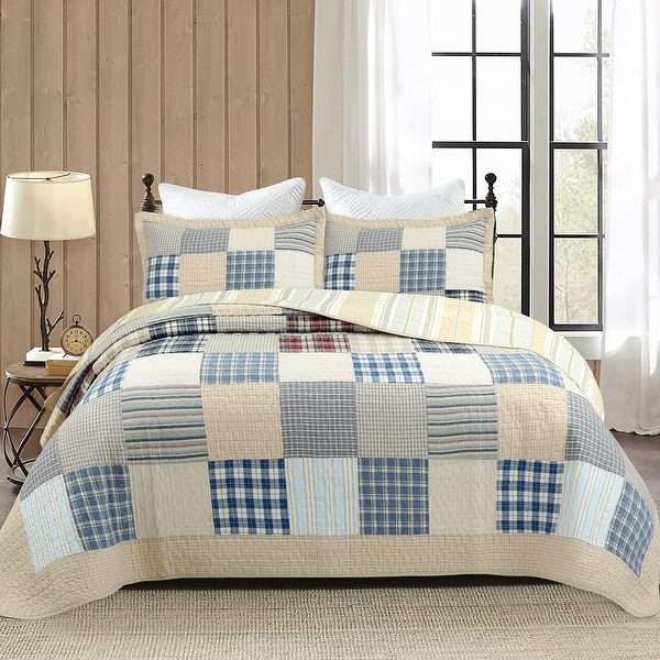 Cozy Line Tattersall Blue Tan Tartan Plaid Patchwork 3 Piece Quilt Bedding Set