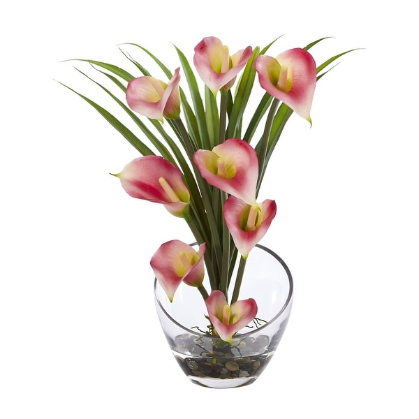 Nearly Natural 15.5" Calla Lily and Grass Artificial Arrangement in Vase - Pink
