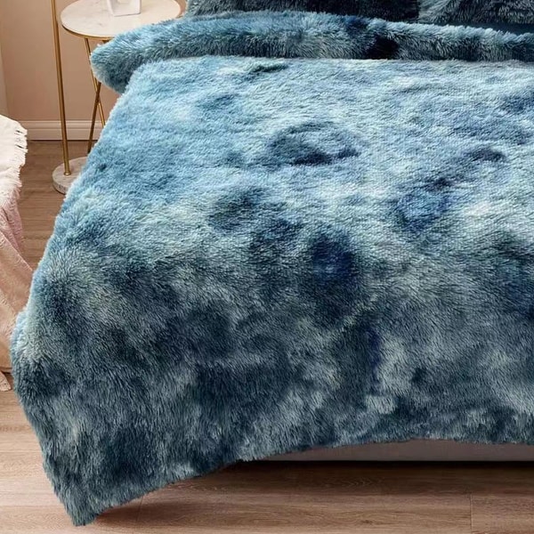 Fluffy Shaggy Comforter Set with 2 Pillowcases Queen Tie Dyed Teal