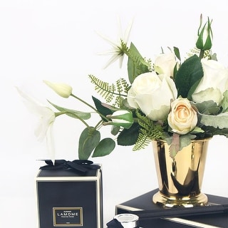 FloralGoods White Rose and Green Leaf Small Bouquet with Gold Metal Vase