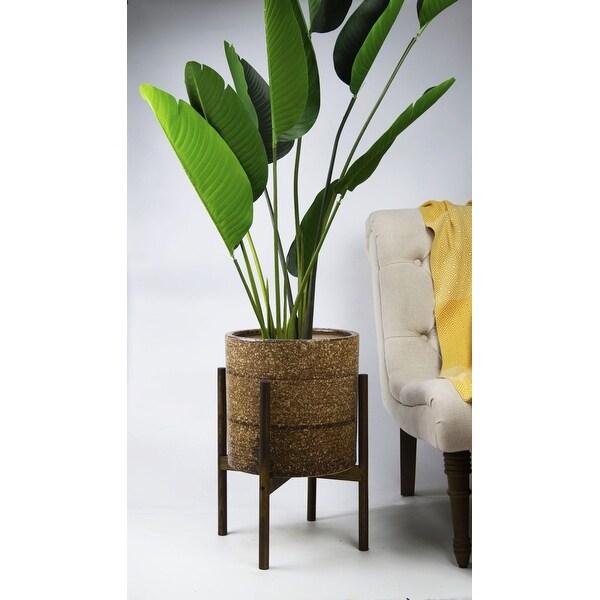 UPshining 13'' Extra Large Mid-Century Modern Ceramic Planter Rustic Brown With Wood Stands