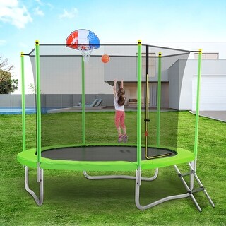 AOOLIVE 10FT Outdoor Trampoline with Basketball Hoop and Ladder Green