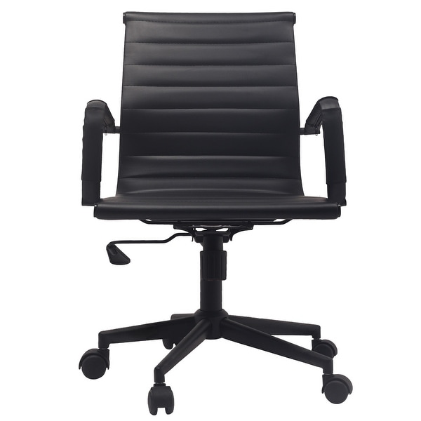 Black Designer Mid Back Office Chair: Ribbed PU Leather, Swivel Tilt, Conference Room, Desk Task Chair