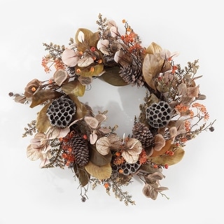 SAFAVIEH Faux 32 Inch Eucalyptus & Lotus Wreath W/ Pine Cones - 32" W x 32" D x 9" H