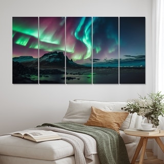 Designart "Northern Lights Reflected On The Water V" Landscape Mountains Multipanel Canvas Art Print