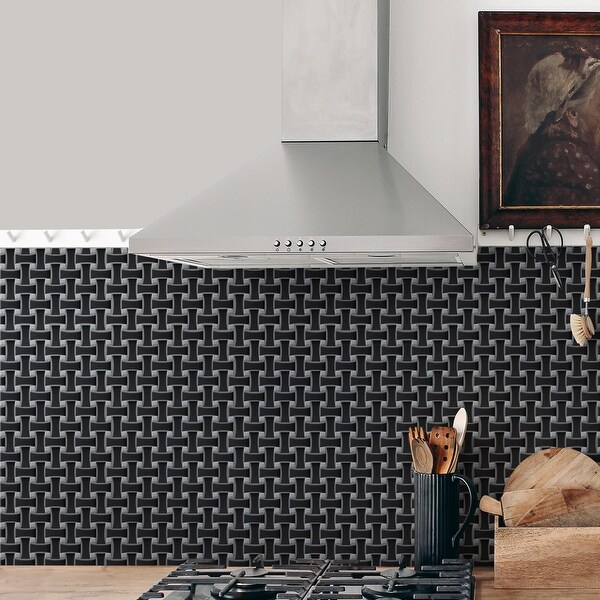 Merola Tile Metro Dog Bone Basketweave Matte Black with Glass Silver Dot 10" x 10" Porcelain Mosaic Tile