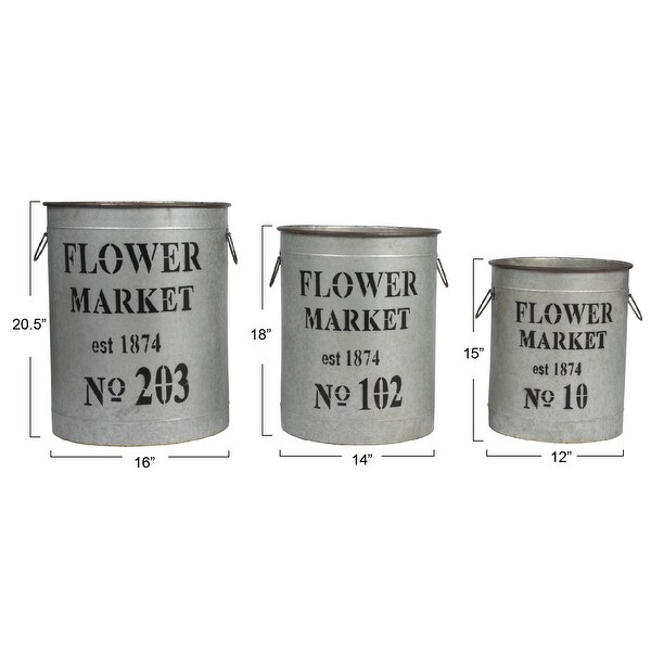 Metal Flower Market Buckets (Set of 3 Sizes) - Grey