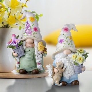 Resin Garden Gnome With Flower 9" Set of 2