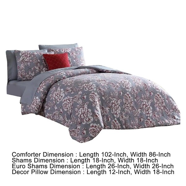 Tyler 8 Piece Microfiber King Bed Set, Floral Print, The Urban Port, Gray