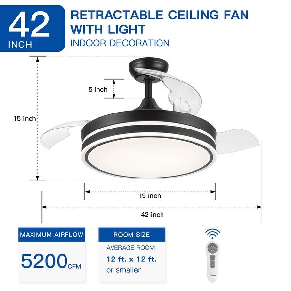 42" Black Frame Retractable Ceiling Fan Light with Remote Control