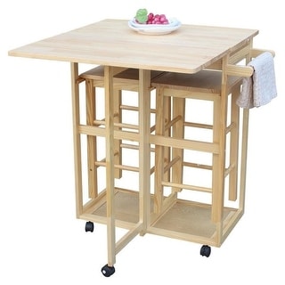 Square Solid Wood Folding Dining Cart with 2 Free Stools Natural