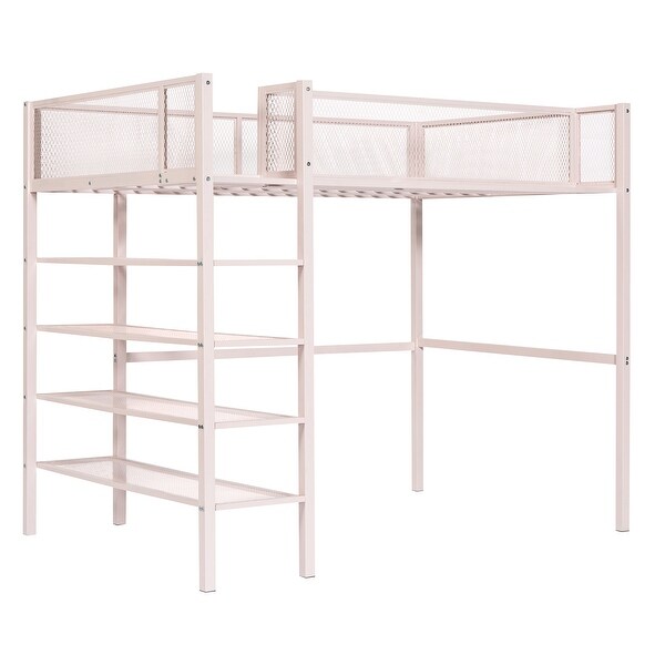 Twin Size Loft Bed with 4-Tier Shelves and Storage, Modern Metal Loft Bed Frame with 4-Step Ladder & Full-Length Guardrail, Pink