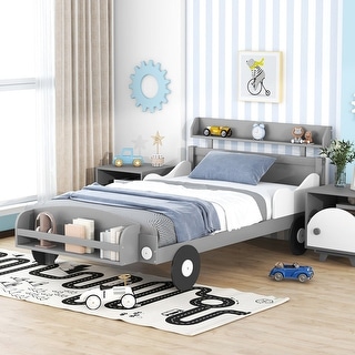 Twin Size Car-Shaped Platform Bed, Kids' Bed with Storage Shelf and Bookshelf for Bedroom