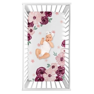 Burgundy and Pink Watercolor Floral Girl Photo Op Fitted Crib Sheet - Blush Maroon Wine Rose Green Shabby Chic Flower Farmhouse