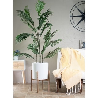 Mid-Century Modern Ceramic Planter White With Wood Stand 13 Special Walnut