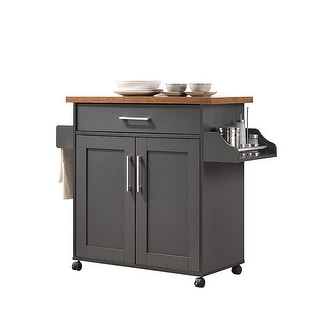 Hodedah Wheeled Kitchen Island Cart w Spice Rack + Towel Bar, Gray/Oak - 64