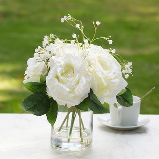 Enova Home 4 Large Silk Rose Flowers in Clear Glass Vase with Faux Water for Home Office Decoration