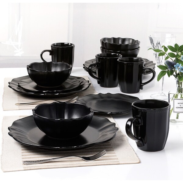 Lorren Home Trends 16 Piece Scalloped Edge Black Dinnerware