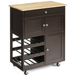 Kitchen Cart with Rubber Wood Top 3 Tier Wine Racks 2 Cabinets - 26.5" X 14.5" X 34" (L x W x H)
