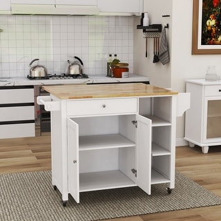Double Door Kitchen Island with Lockable Wheels,Expandable Desktop
