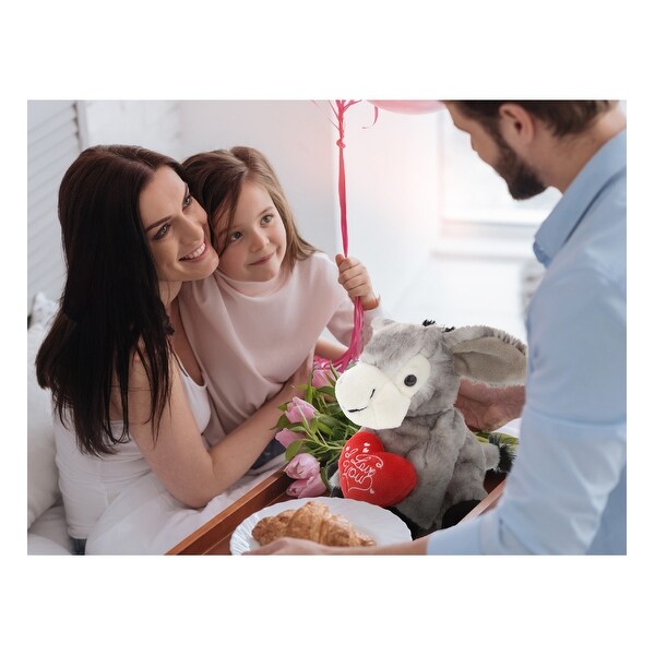 DolliBu I LOVE YOU Super Soft Plush Lying Grey Donkey Animal with Heart - 9 Inches