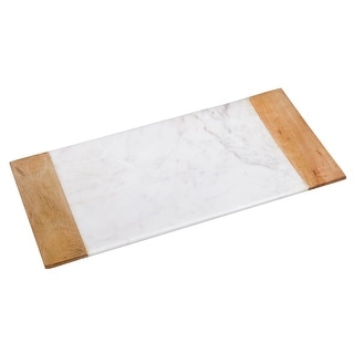 Creative Home Off-White Marble and Mango Wood Vanity Tray, Bath Towel Tray, Bathroom Accessory Organizer
