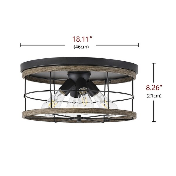 Farmhouse 4-Light Drum Metal Frame Flush Mount Ceiling Light with Wooden-Grain Cover